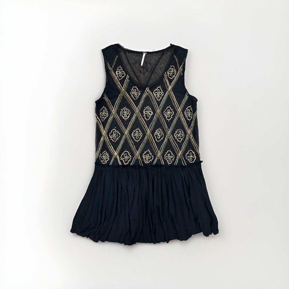 Free People Holiday to India Beaded Top L Black Gold Mesh Peplum Whimsigoth Boho